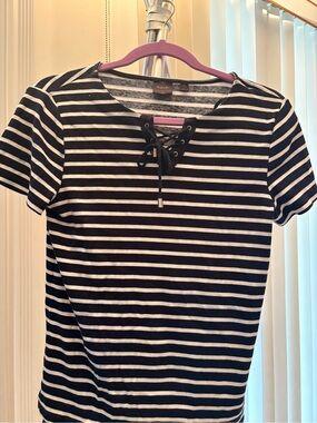 Rafaella Black & White Lace-Up Striped Short Sleeve Top